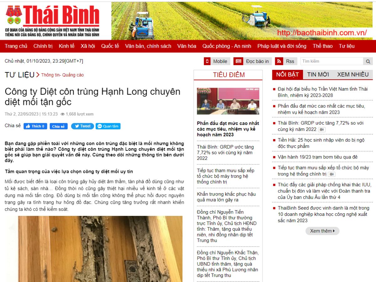 Báo Thái Bình nói về dịch vụ diệt côn trùng của Hạnh Long