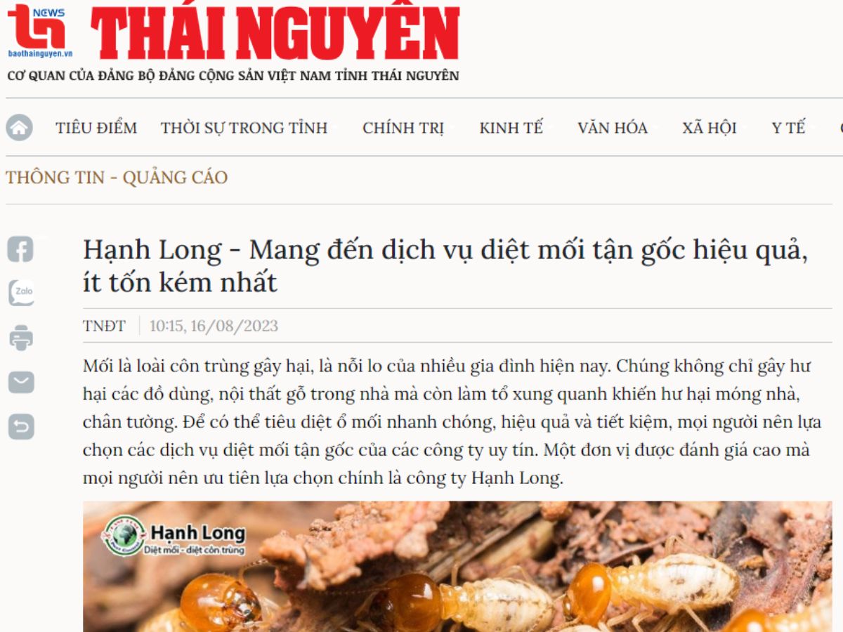 Báo Thái Nguyên nói về dịch vụ diệt côn trùng của Hạnh Long